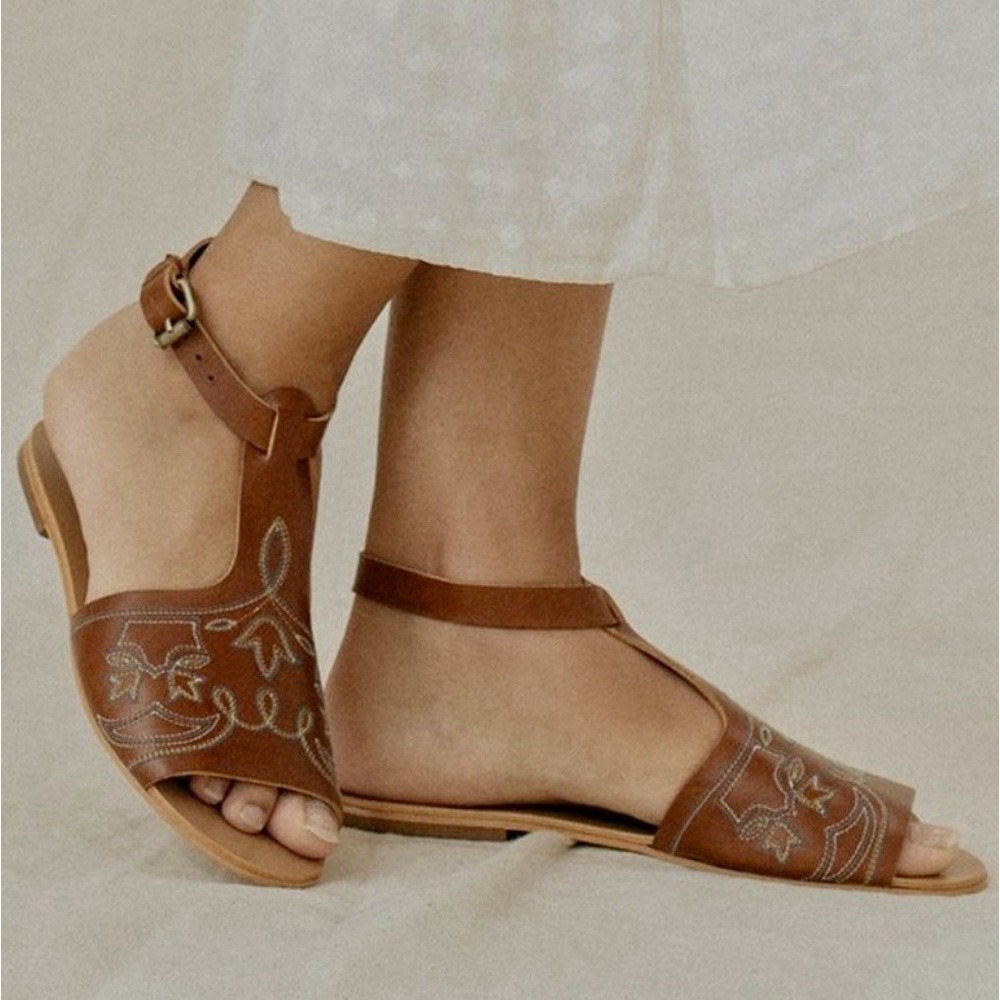 The GREAT The Western Sandal Women's Sz 9.5 Brown Embroidered Leather Flat Shoes